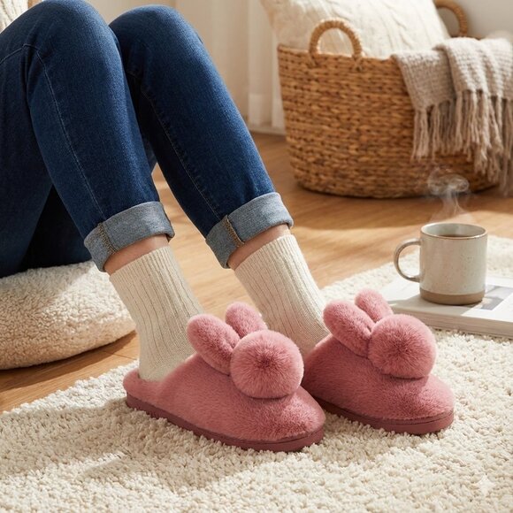 Cozy Fluffy Bunny Slides with Pom-Pom Detail - Picture 2 of 4